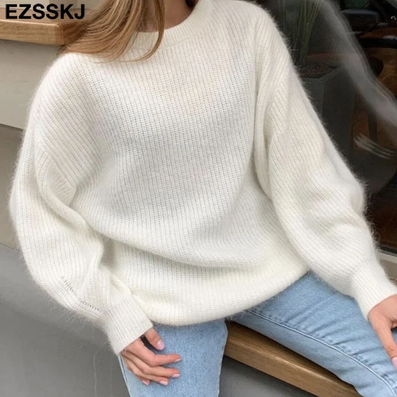 EZSSKJ Soft oversized Cashmere Sweaters Women 2021 puff sleeve Winter sweater Pullovers Loose Female  Warm Basic sweater Jumper