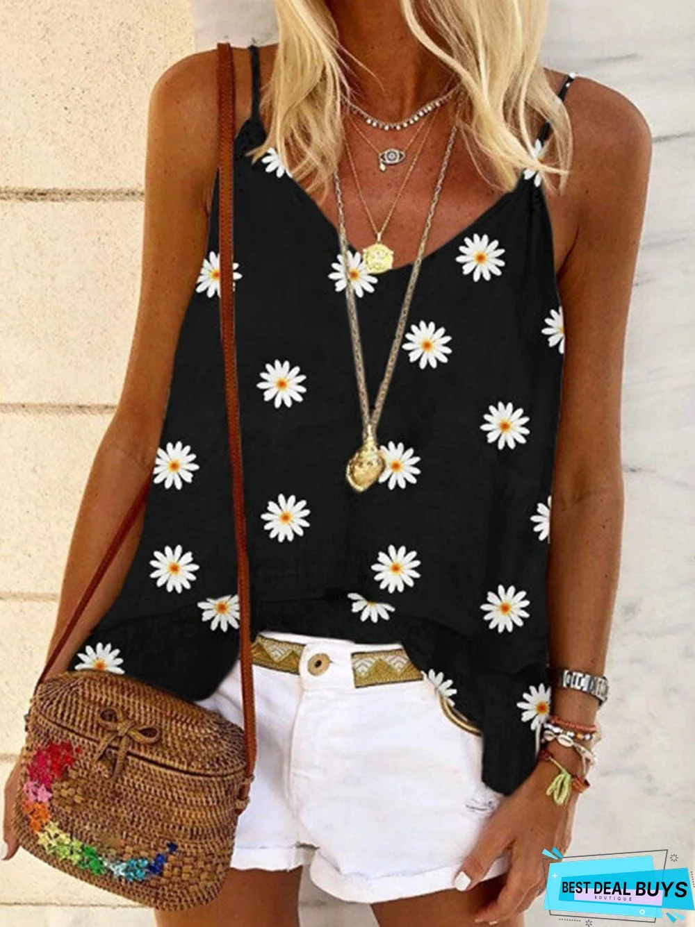 V Neck Floral-print Spaghetti-Strap Casual Shirts & Tops