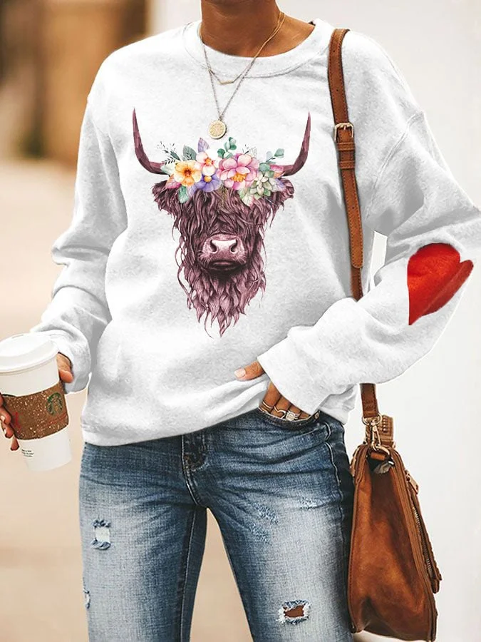 Women's Floral Highland Cow Casual Sweatshirt socialshop