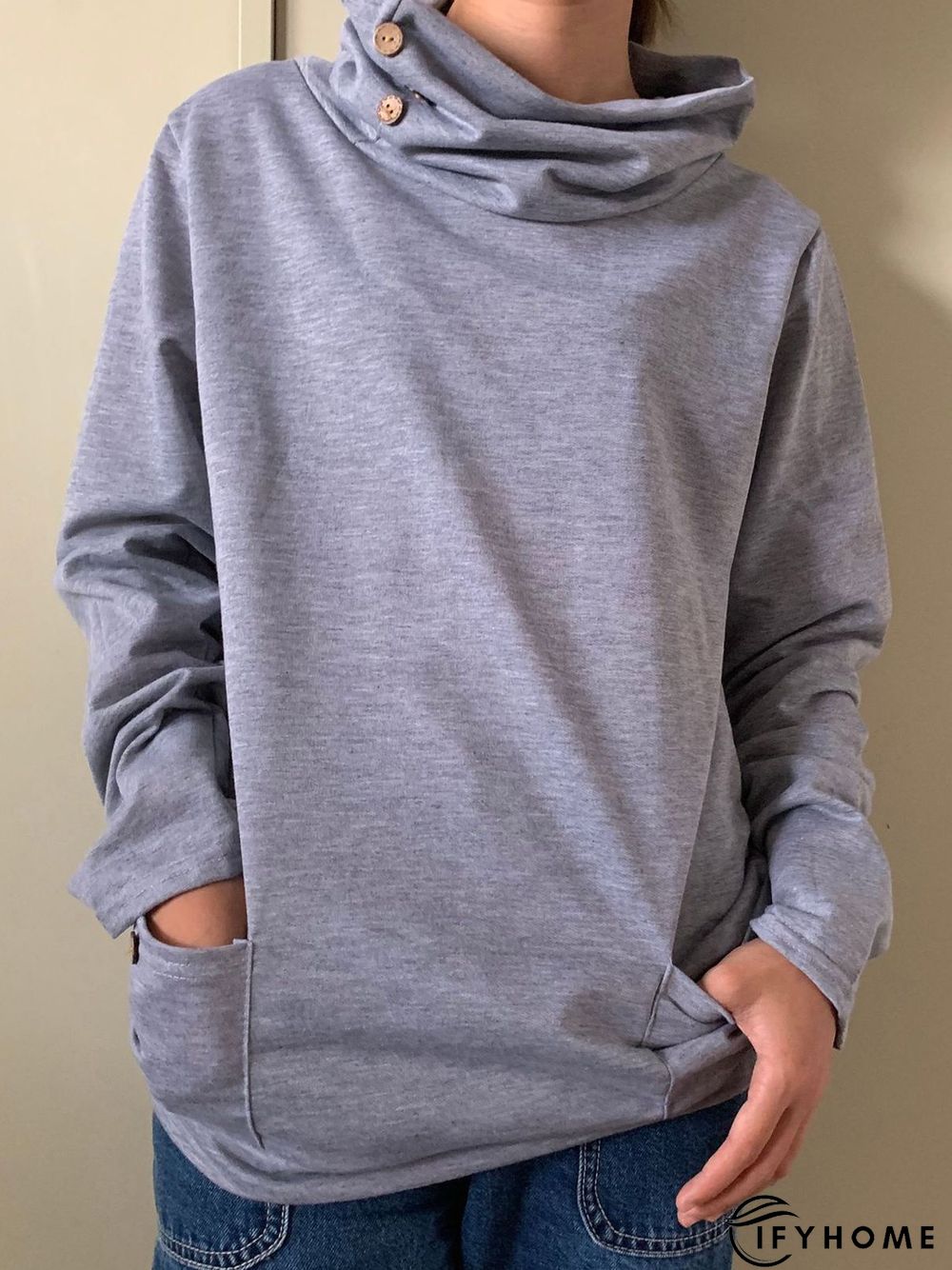 Vintage Plain Long Sleeve Buttoned Cowl Neck Plus Size Casual Sweatshirts | IFYHOME