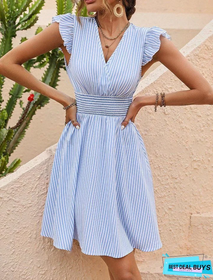 Fashion Striped Shoulder Short Sleeve Dress