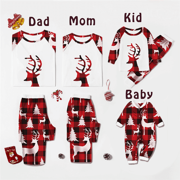 Christmas Tree and Reindeer Plaid Family Matching Pajamas Sets