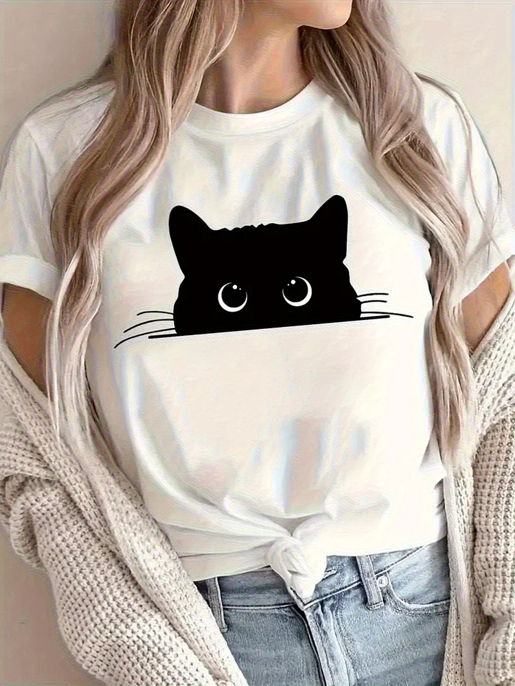 Women's Cute Cropped Knot Front Sweatshirt - White Top With Peekaboo Black Cat Face, Lightweight Sweater For Everyday Casual Outfits - Perfect For Cat Lovers, Autumn Clothing, Playful Design, Quality Stitching, Short Sleeve Shirt, Fashion Enthusiasts