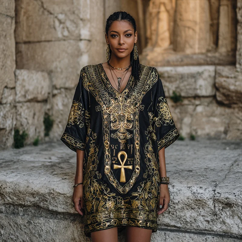 Women's Vintage Egyptian Ankh Art Casual V Neck Linen Dress
