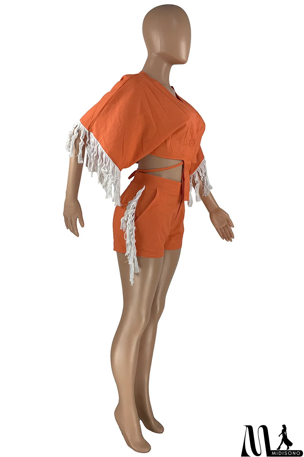 MidiSono - Orange Fashion Casual Solid Tassel Split Joint Frenulum V Neck Half Sleeve Two Pieces