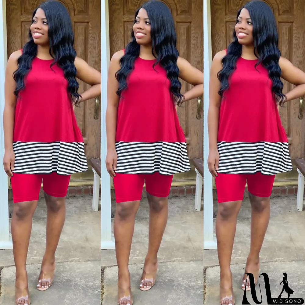 MidiSono - Casual Stripe Patchwork Sleeveless 2 Piece Shorts Set