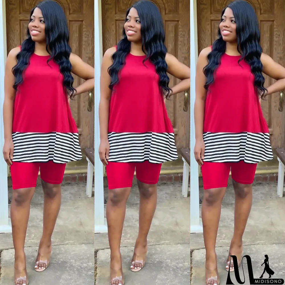 MidiSono - Casual Stripe Patchwork Sleeveless 2 Piece Shorts Set