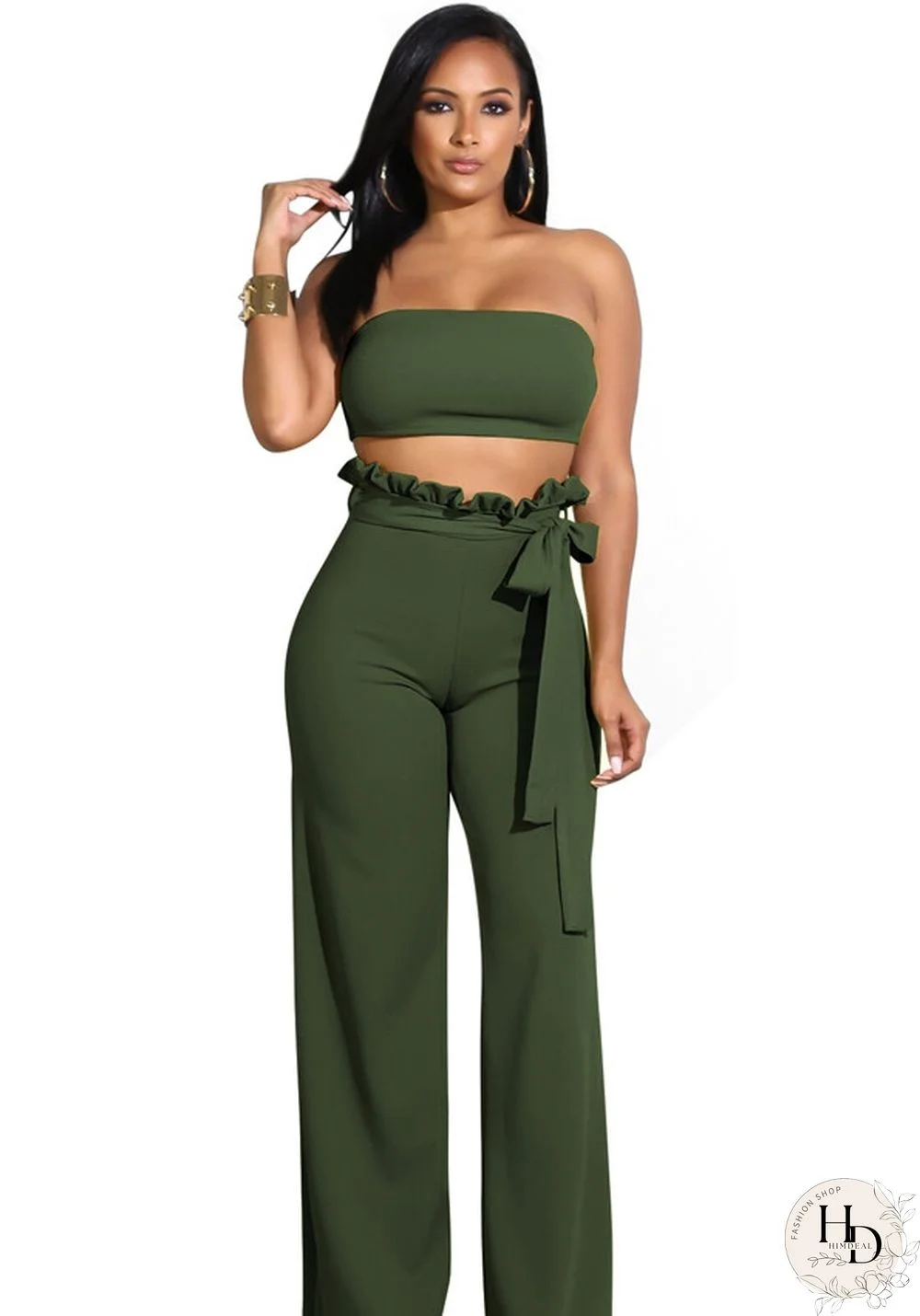 Green Army Plain Low Waist Two-piece suit