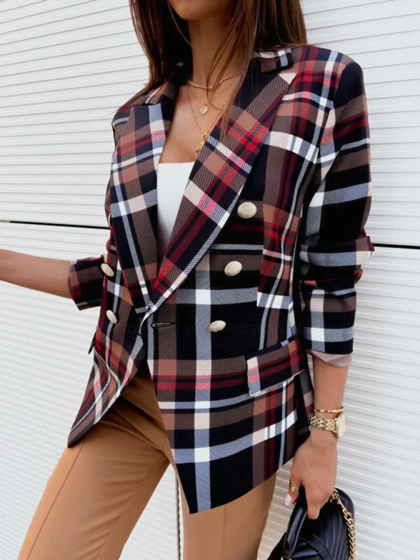 Long-sleeved double-breasted plaid fashion print small blazer Flusfy