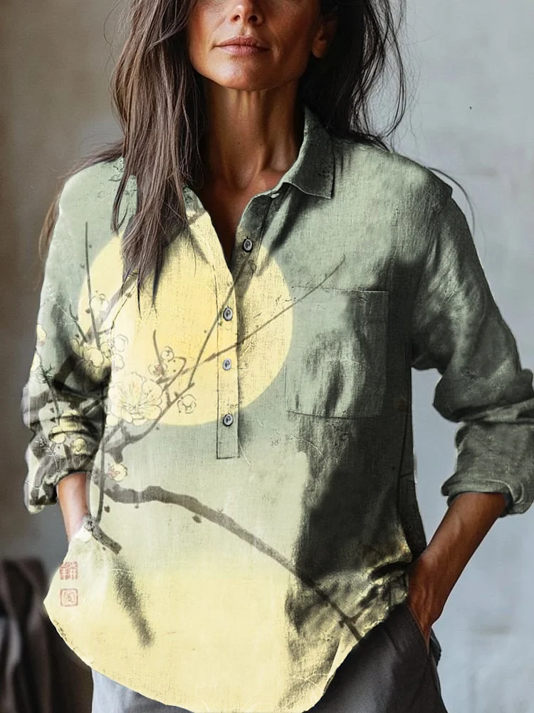 Women's Japanese Moon Night Art Print Casual Cotton And Linen Shirt