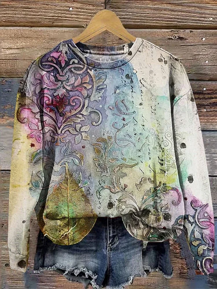 Women's Vintage Nostalgia Ethnic Floral Prints Casual Crew Neck Sweatshirt