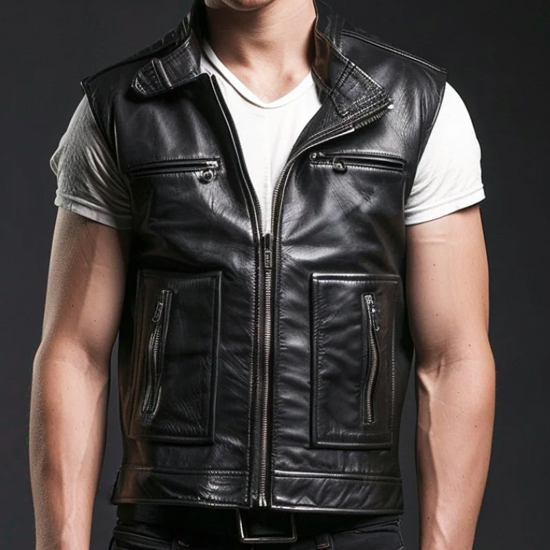 Vintage Leather Sleeveless Zip-Up Vest
