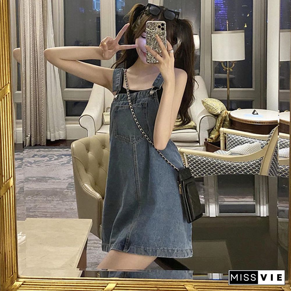 Pure Color A-line Denim Overalls Dress