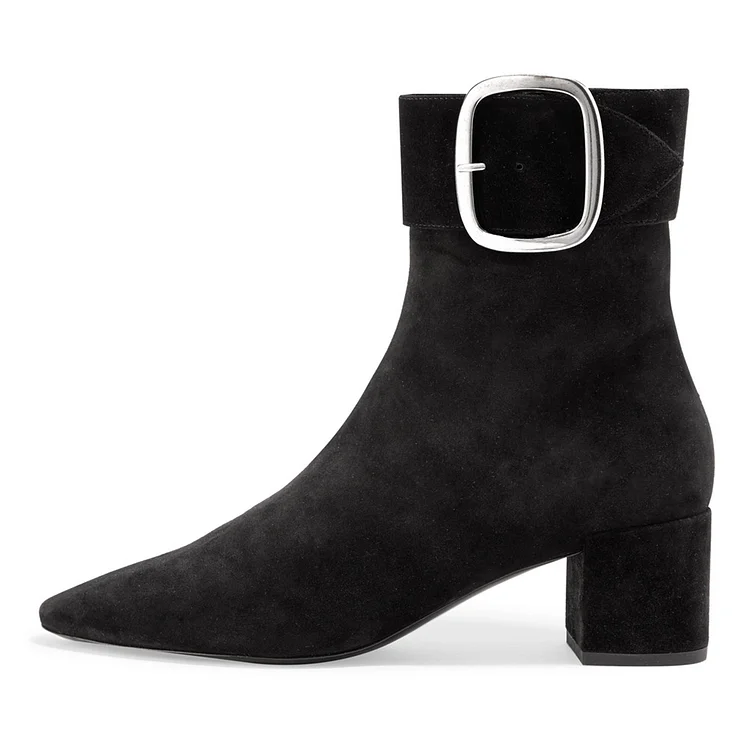 Black Buckle Chunky Heel Boots Ankle Boots |FSJ Shoes