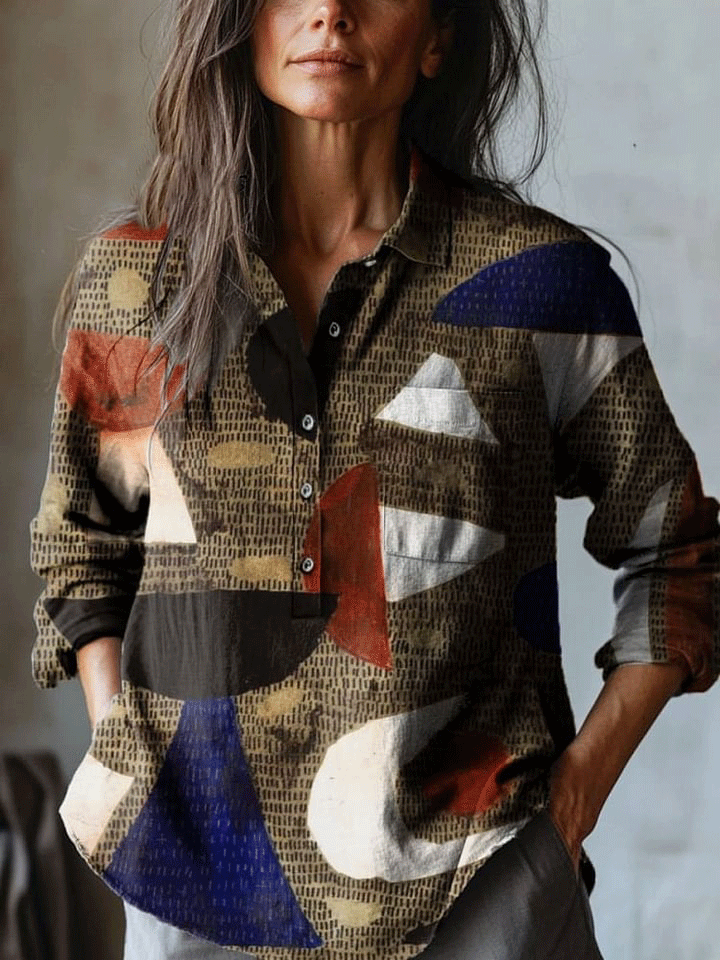 Women's Abstract Color Block Art Print Casual Cotton And Linen Shirt