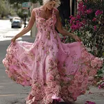 Bohemian Style Pink Rose Lightweight Vintage Style Long Dress With Straps - Image 3