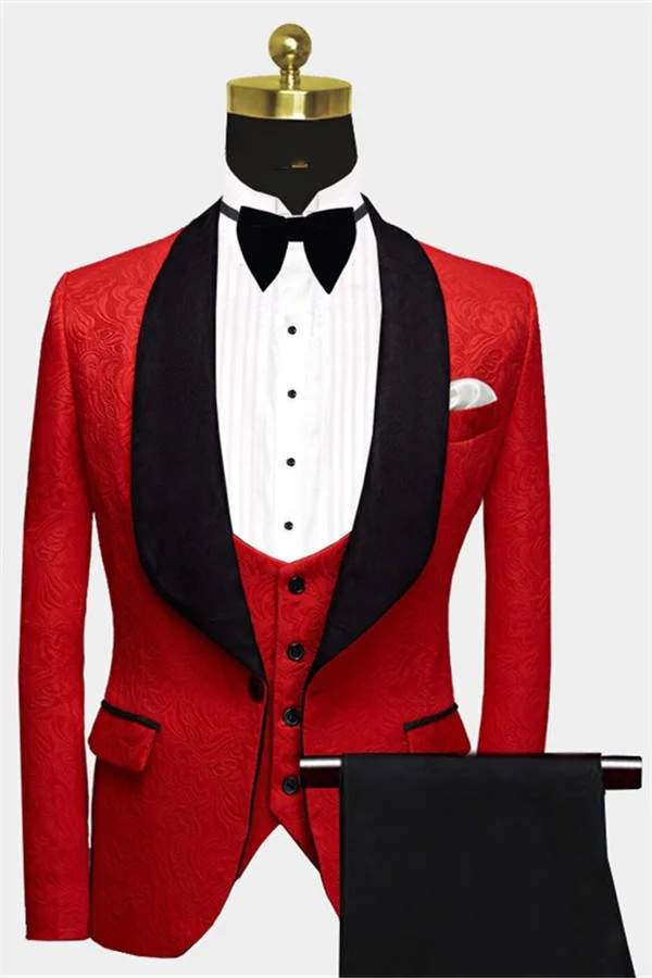 Three Pieces Black Lapel Prince Suit For Groom Red Floral Tuxedo | Ballbellas Ballbellas
