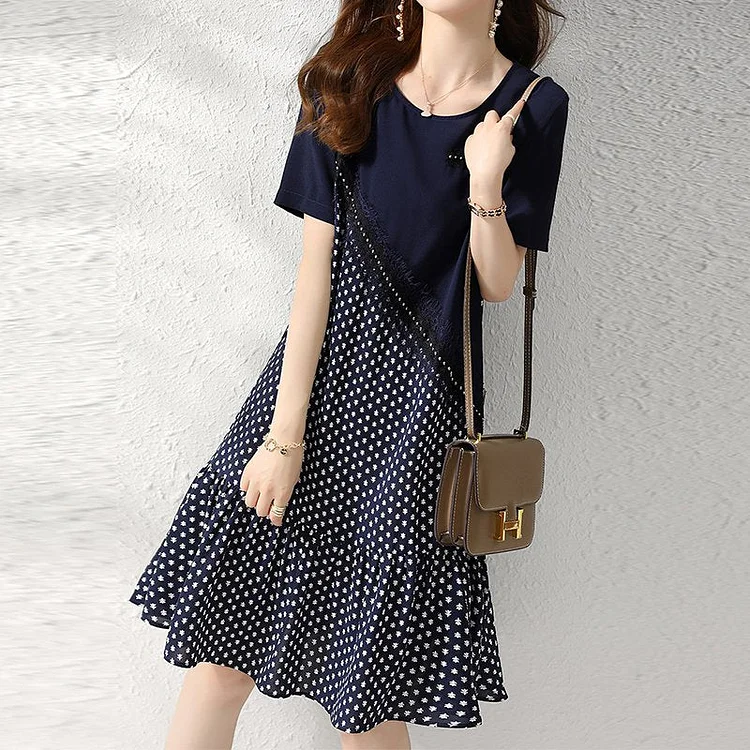 Navyblue Short Sleeve A-Line Floral Casual Dresses QueenFunky