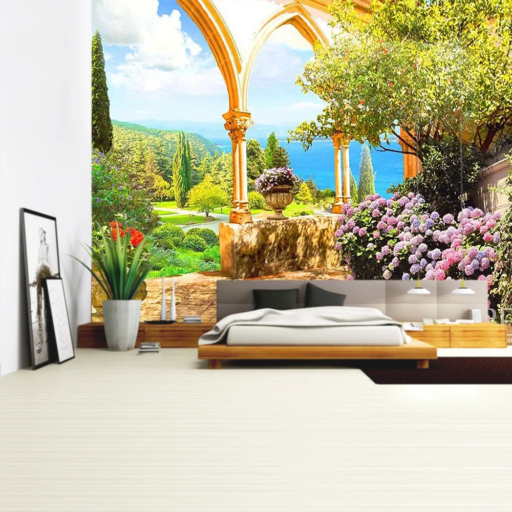Balcony City Castle Hill Green Plant Landscape Printing Tapestry Cheap Hippie Wall Hanging Bohemian Wall Tapestries