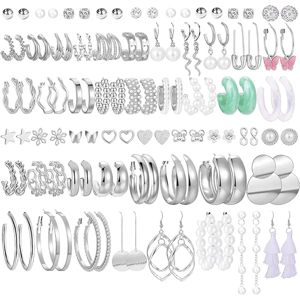 42 Pairs Gold Hoop Earrings Set for Women, Fashion Chunky Pearl Earrings Multipack Twisted Statement Earring Pack, Hypoallergenic Small Big Hoops Earrings for Birthday Party Gold-42 pairs