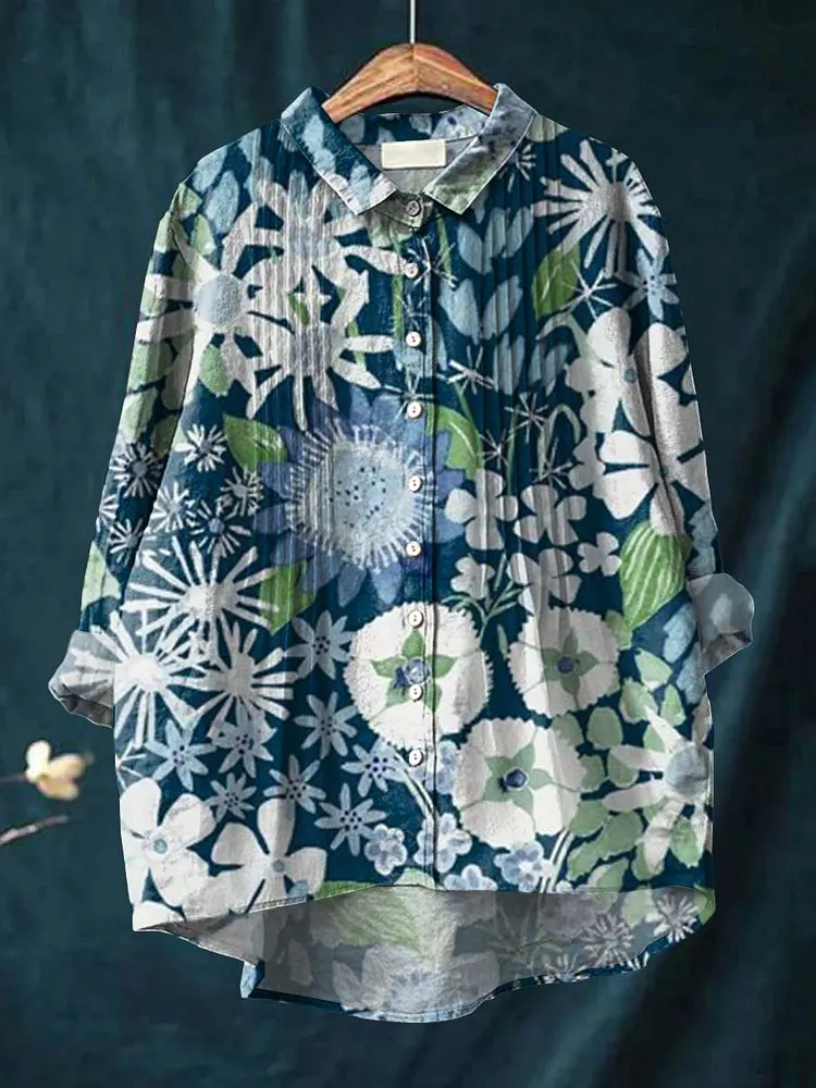 Women's Artistic Creative Flowers Print Casual Cotton And Linen Ruffle Shirt