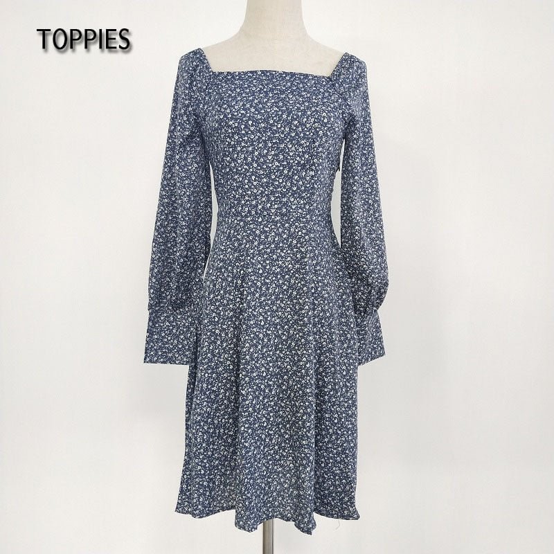 Toppies 2021 New Women Mini Dresses Vestidos Flowers Print French Style Dress Puff Long Sleeve Ladies Sundress