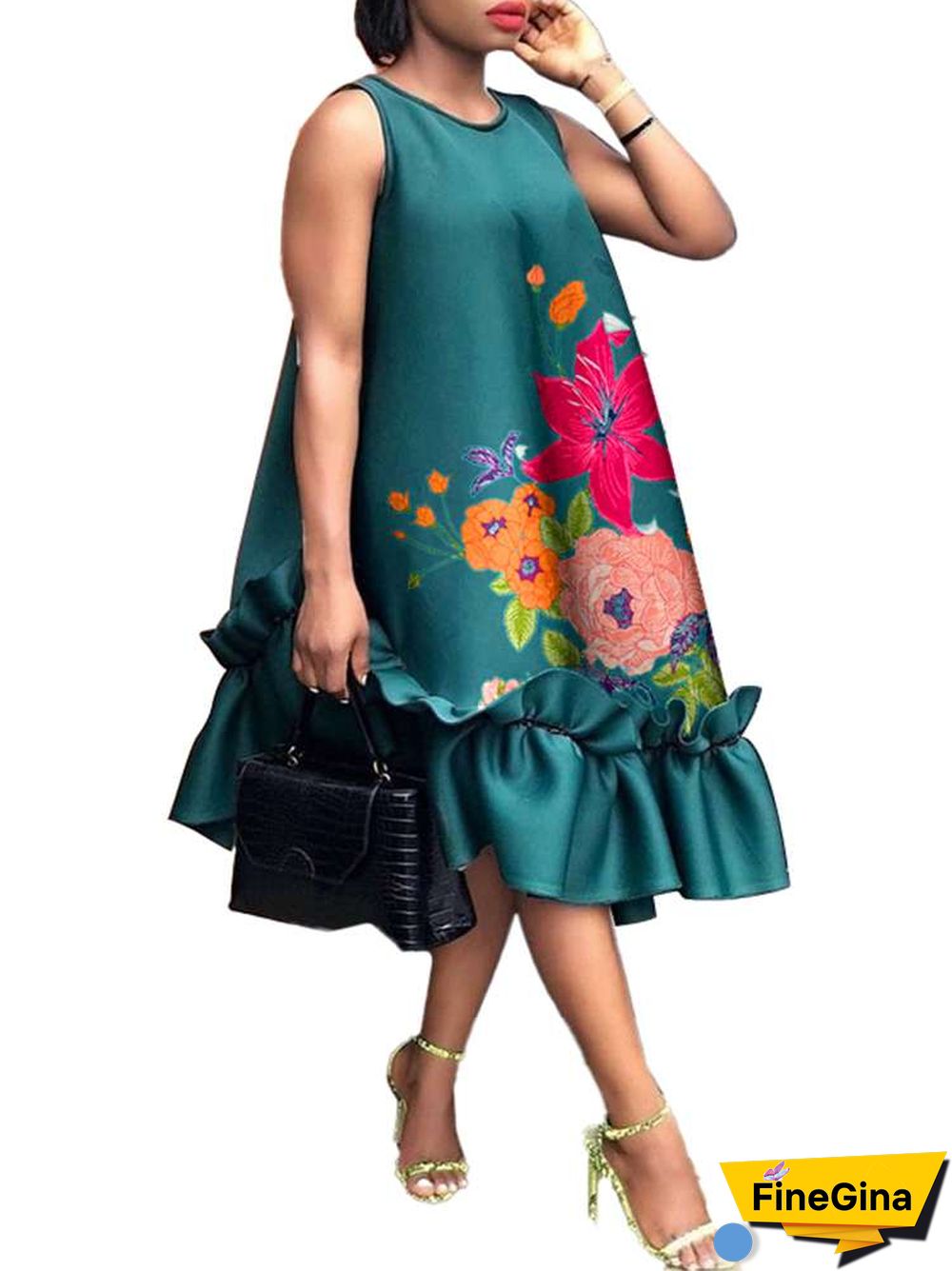 Women Elegant Midi Dress Summer Party Long Dresses VONDA Sexy Sleeveless Fashion Beach Floral Print Ruffled Tank Vestidos