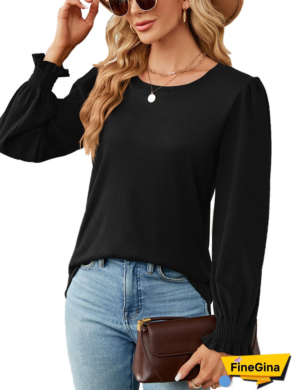 Women's Stitching Scoop Neck Long Sleeved Top