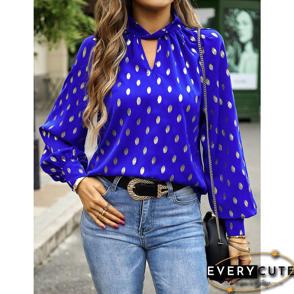 Royal Blue Notched Neck Pleated Cuffs Long Sleeve Tops