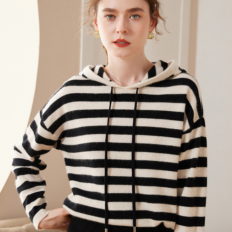 Stripes Hooded Cashmere Sweater For Women REAL SILK LIFE