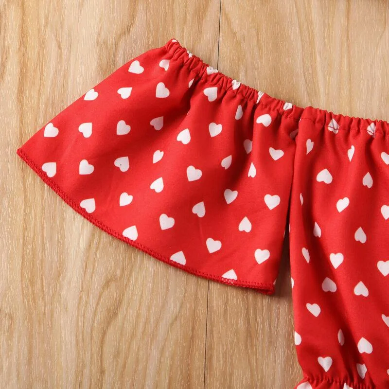 Newborn Baby Girls Off Shoulder Jumpsuit Heart Print Bodysuit Headband 2PCS Outfits Clothes