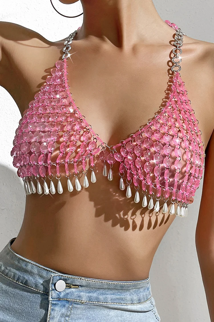 Casual Fringe Chain See-Through Gemstone Cami - Pink