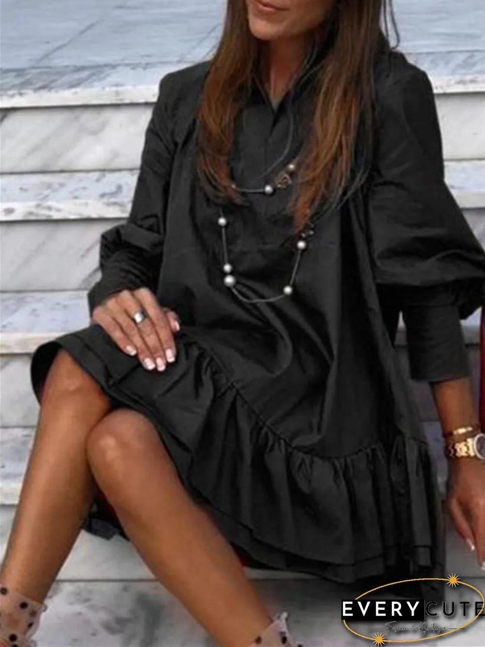 Solid Long Sleeve Mini Back Ruffle Dress Women
