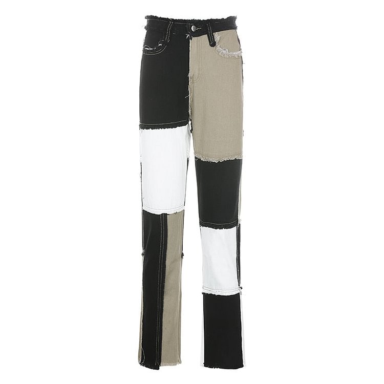 Sweetown Contrast Color Distressed Jeans Pants Women Preppy Style Chic Streetwear Outfits High Waist Straight Denim Pants New