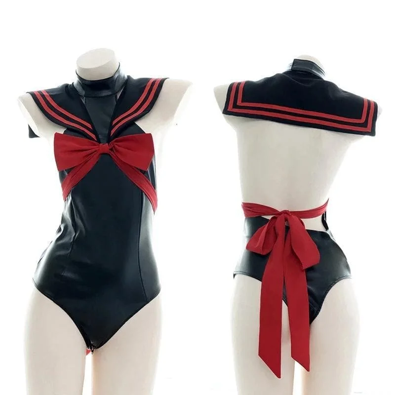Punk Lolita PU Sailor Collar Turtleneck Bow Bandage Backless Bodysuits SP374