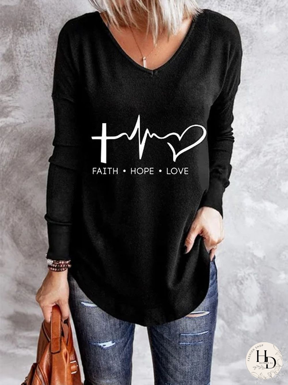 Long Sleeve Letter V Neck Casual T-shirt