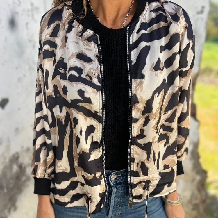 🌸 Women's Fall Zebra Print Zipper Bomber Jacket 