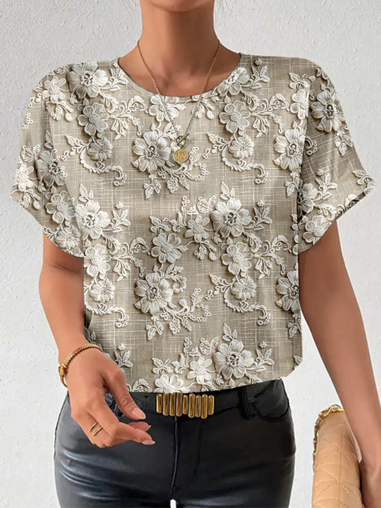 Comstylish Vintage Floral Lace Embroidered Cozy T Shirt