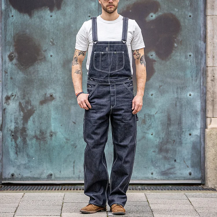 12.5oz Green Trimmed Denim Oversized Overalls