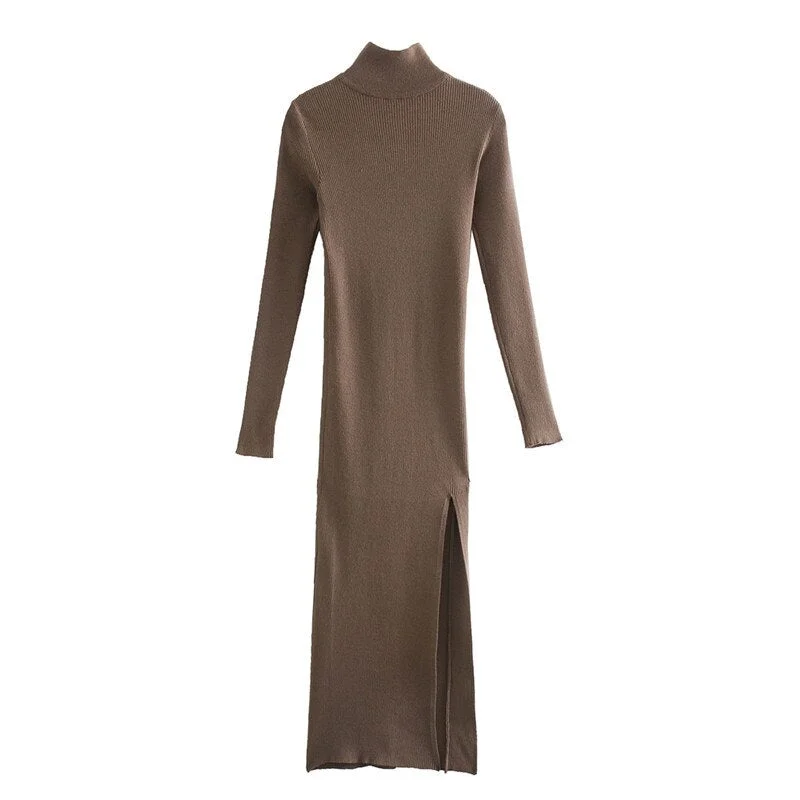 Evfer Women Sprint Autumn Casual Turtleneck Za Coffee Color Elastic Long Dresses Female Fashion Long Sleeve Knitted Slim Dress