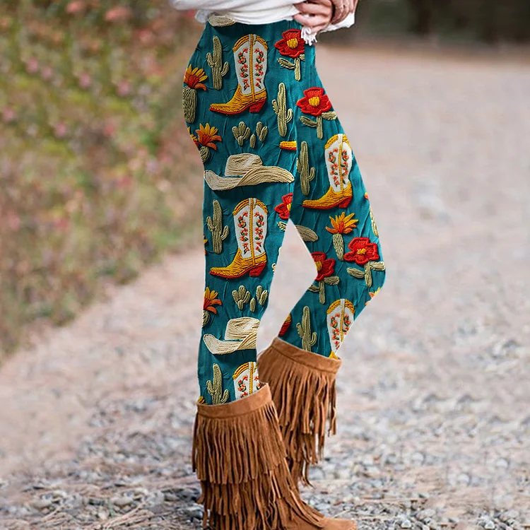 Western Tribal Boots And Floral Art Casual Leggings