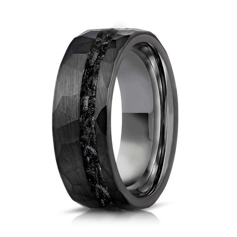 8MM Hammered Black Metal Rings with Meteorite Inlay Women And Men Tungsten Carbide Bands
