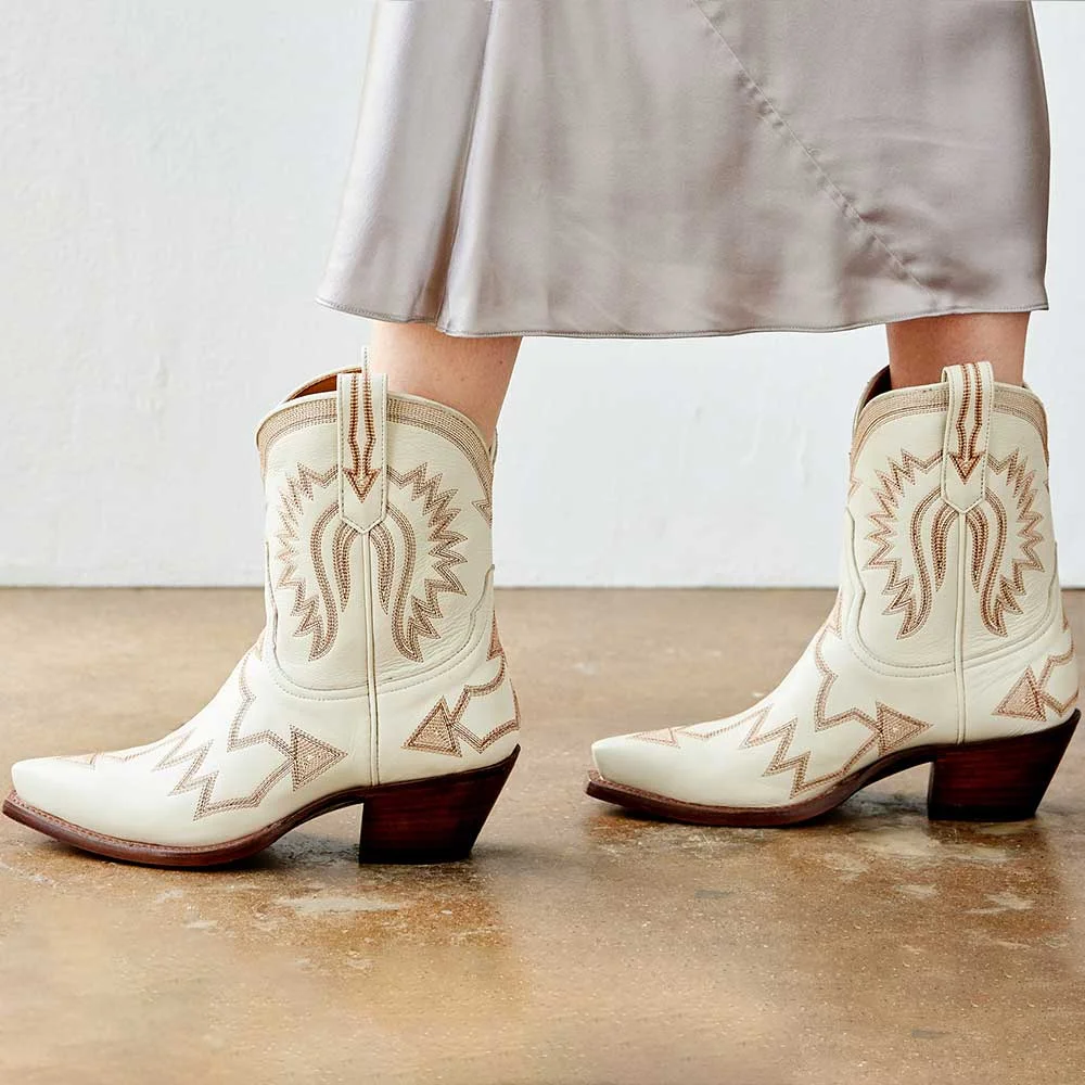 White Pointed Toe Heart Embroidered Western Ankle Boots With Chunky Heels Nicepairs