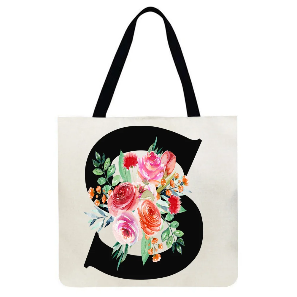Linen tote bag-Alphabet flowers