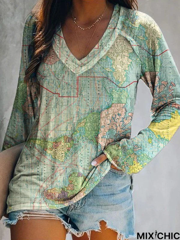 Map Printed V Neck Long Sleeve Casual T-shirt