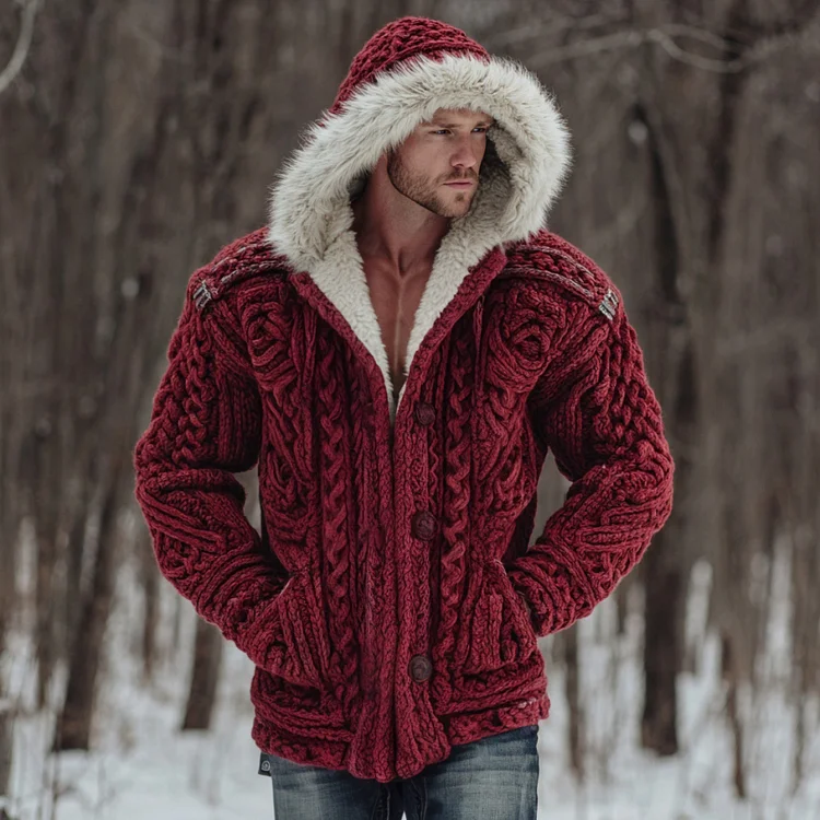 Men's Vintage Men's Christmas Santa Celtic Art Knit Hooded Sweater