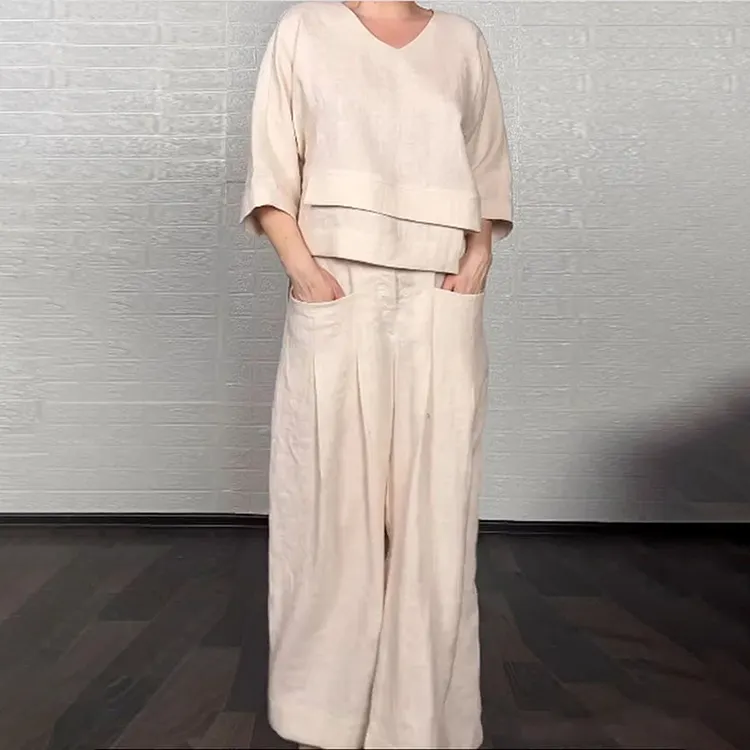 Casual Solid Color Large Size Irregular Linen Two Piece Set