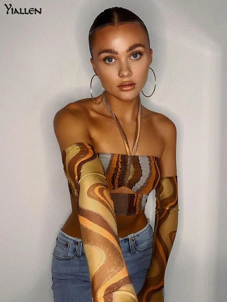 Yiallen Fashion Mesh Two Piece Set Women Lace Up Halter Slash-neck Hole Skinny Vest+Elegant Patchwork Striped Sleeve Guard Hot