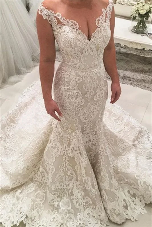 Stunning Off-the-Shoulder V-Neck Long Wedding Dress Mermaid With Lace Appliques - lulusllly