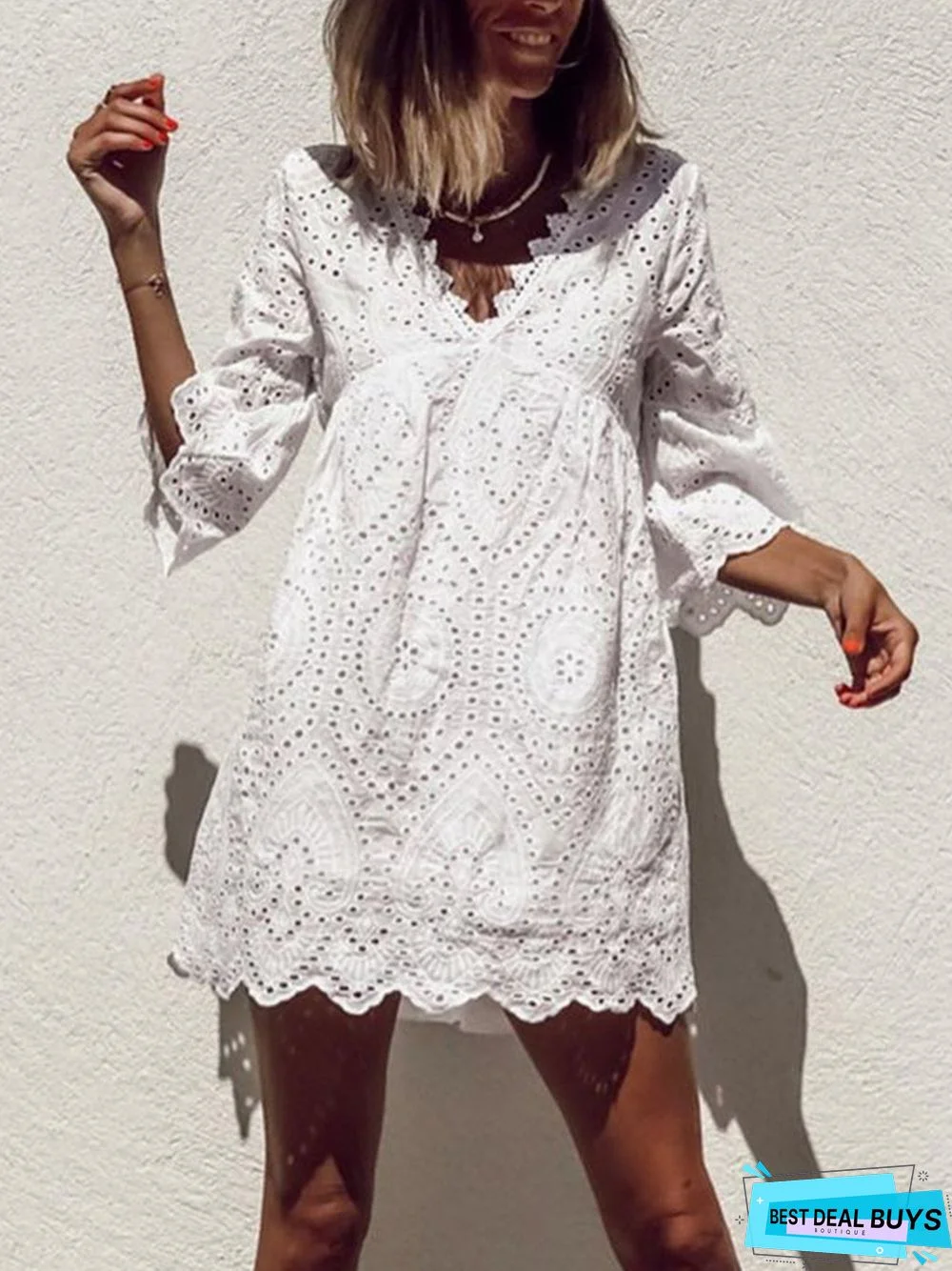 Plus Size Casual V Neck 3/4 Sleeve Knitting Dress